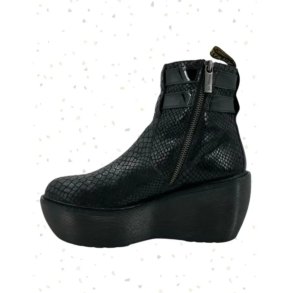 Dr. Martens Caitlin Black Reptile Snakeskin Wedge Buckles Ankle Boots Size 6